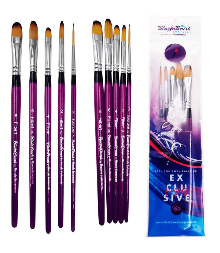 Blazin Face Painting Brush by Marcela Bustamante | Filbert Collection Set 4 + 1 Liner #3 Xl - Fusion Body Art