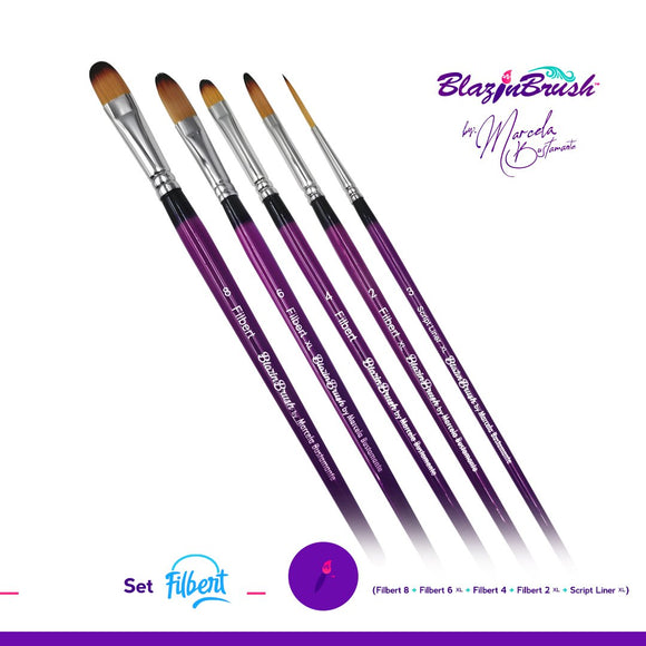 Blazin Face Painting Brush by Marcela Bustamante | Filbert Collection Set 4 + 1 Liner #3 Xl - Fusion Body Art