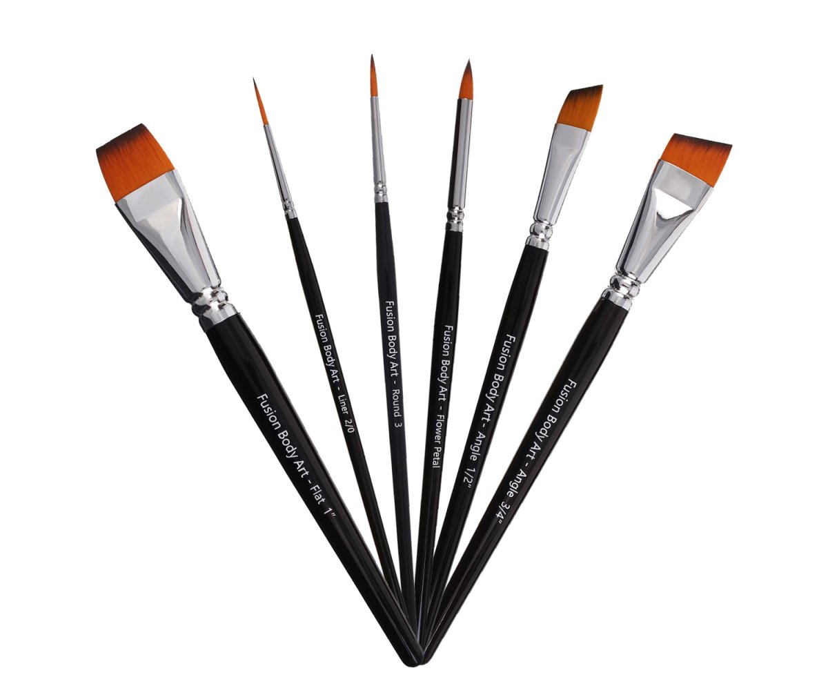 Fusion Body Art Professional Brush Set of 6 — flat and angle brushes for split cake face painting