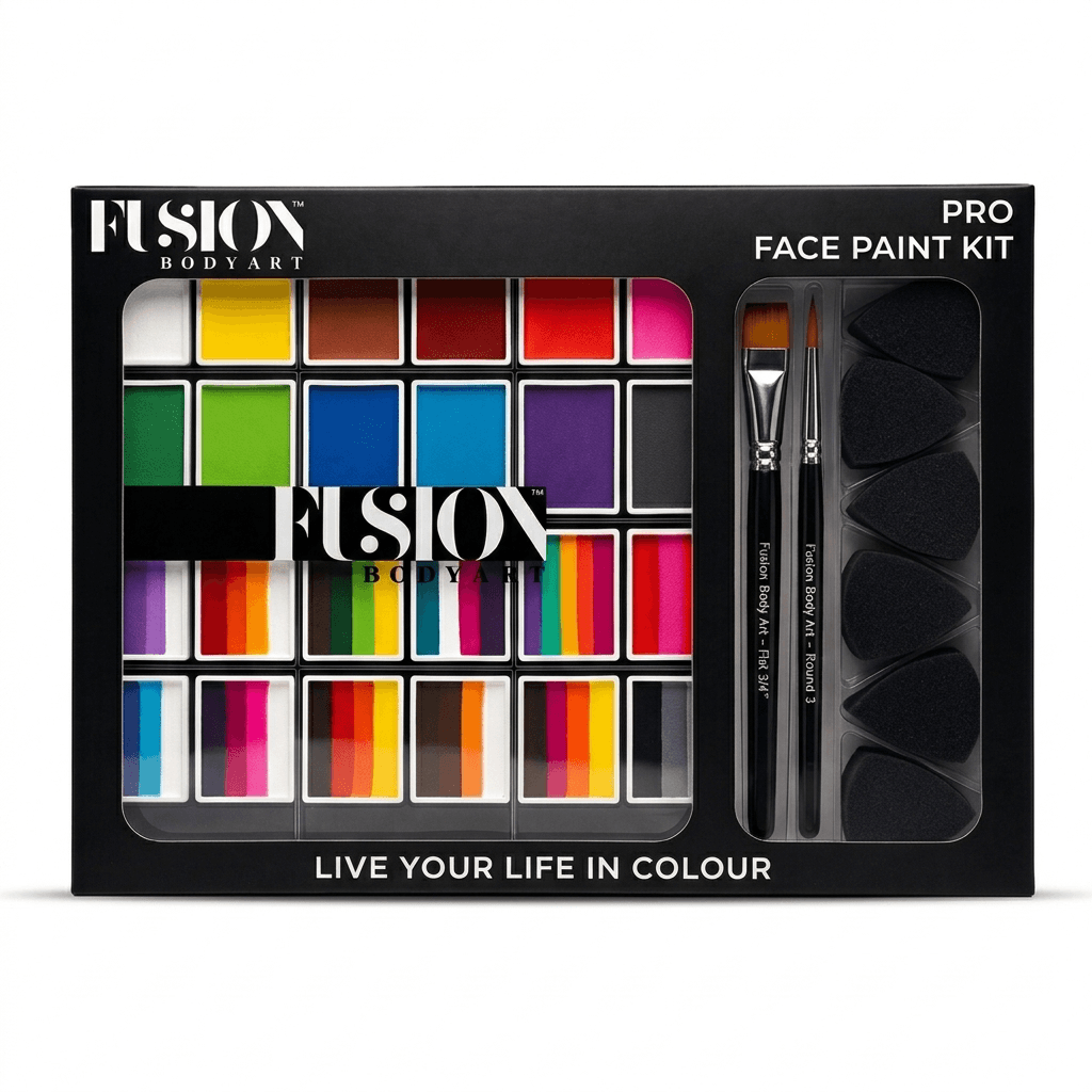 Fusion Body Art PRO Face Paint Kit — cosmetic-grade, EU and FDA-compliant face paint formulated with safe, skin-tested ingredients