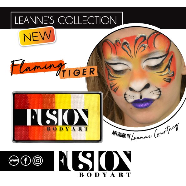Leanne's Flaming Tiger XL petal cake by Fusion Body Art — designed by Leanne Courtney for tiger, fox and fire face painting designs