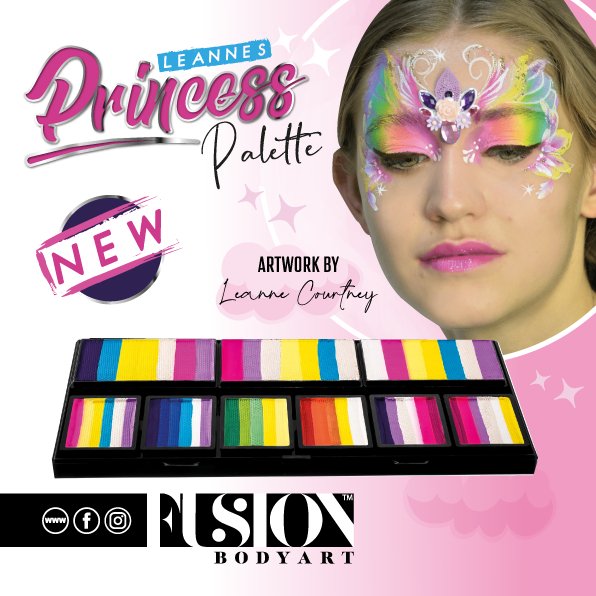 Leanne's Princess Petal Palette open — 3 Petal Cakes and 6 mini split cakes — Fusion Body Art face painting palette